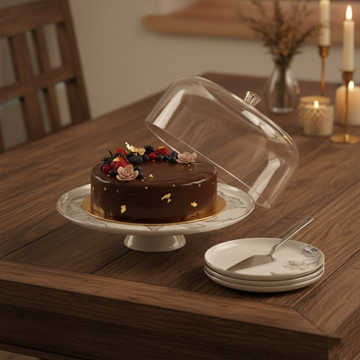 Chocolate cake with decorative elements on a wooden table with a clear dome cover.