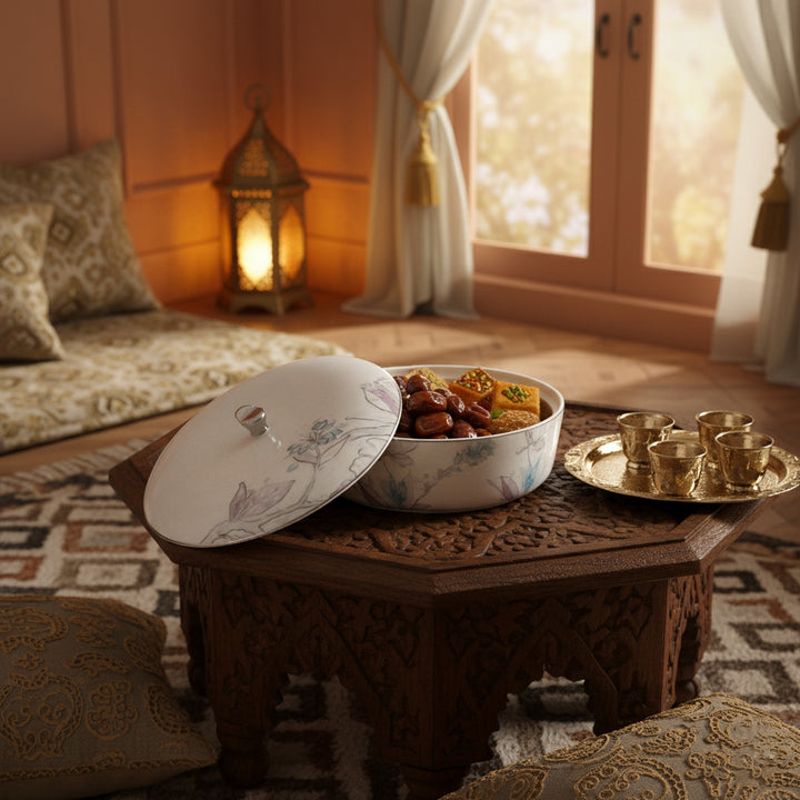 Dish of food on a wooden table with a warm, cozy room setting.