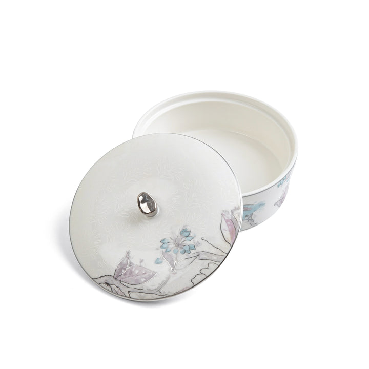 Decorative ceramic box with lid featuring floral design on a white background
