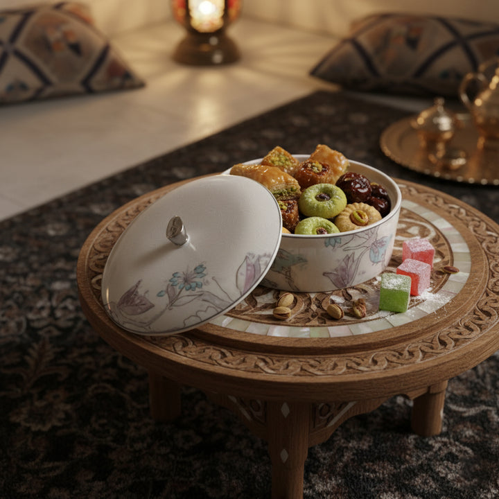 Decorative bowl with sweets on a small table in a cozy room.