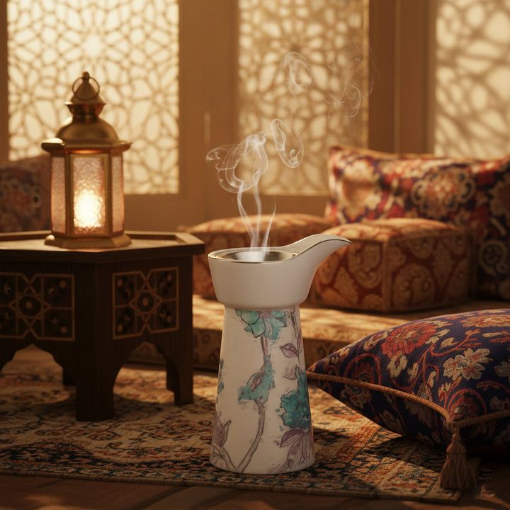 Decorative oil diffuser with smoke in a warm, patterned room.
