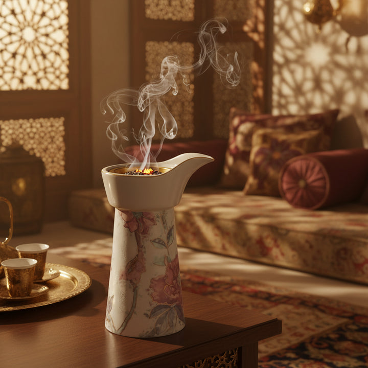 Decorative ceramic incense burner with smoke in a warm, indoor setting.