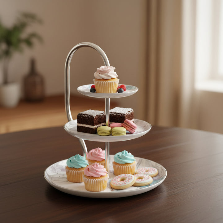 Three-tiered dessert stand with pastries on a wooden table