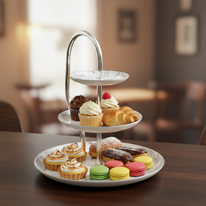 Three-tiered dessert stand with various pastries on a blurred background