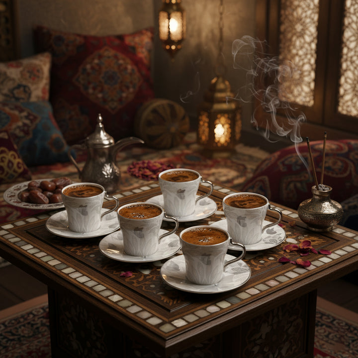 Coffees in cups on a table with decorative lanterns and cushions in the background