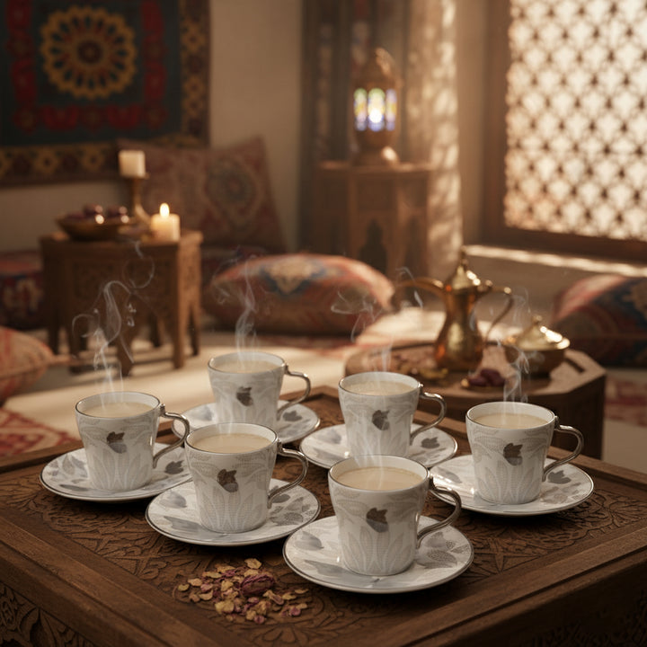 Café setting with steaming cups on a wooden table, ambient lighting