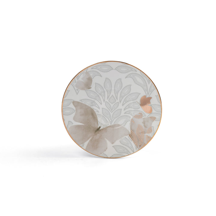 Decorative plate with floral and butterfly design on a white background