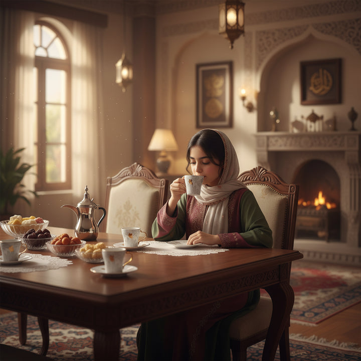 Woman in a hijab drinking coffee in a cozy room with a fireplace and decorative elements.