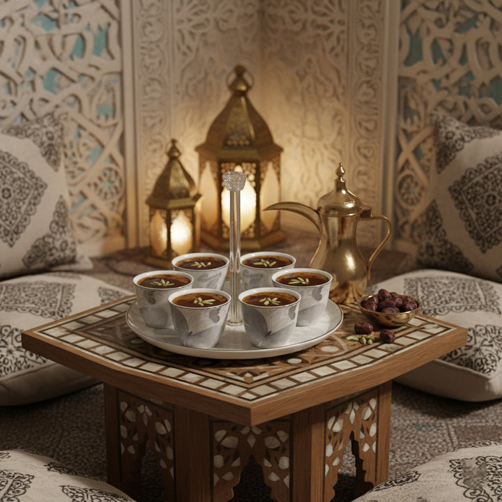 Tea service set on a decorative table with ornate lanterns and cushions in the background.