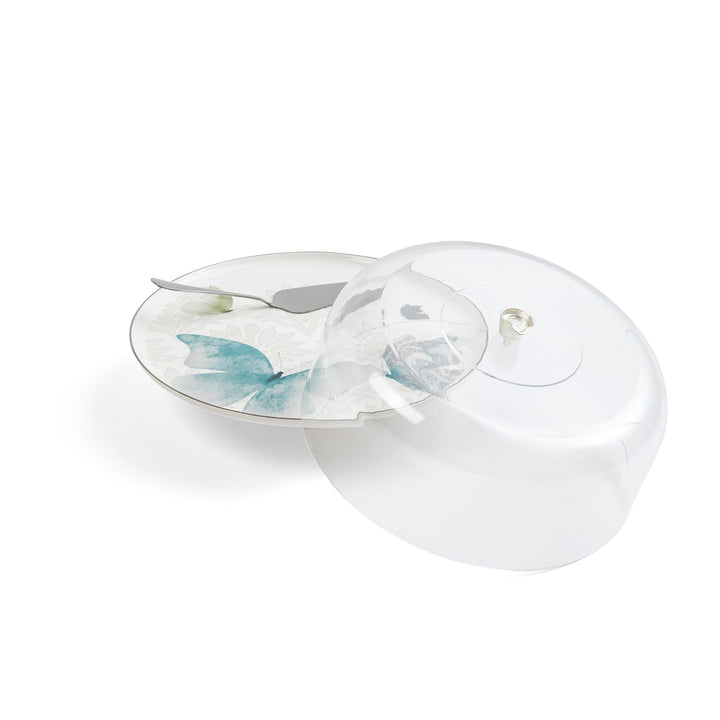 Clear plastic lid with butterfly design on a white background