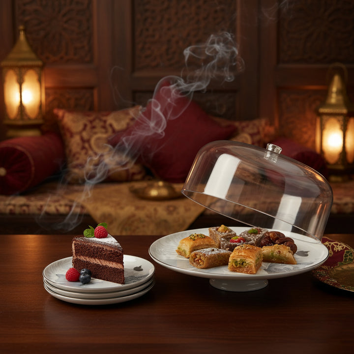 Dessert table with a slice of cake and various pastries in a warm, ambient setting.