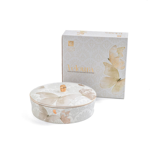 Round marble-patterned container with lid and matching box featuring butterfly design on a white background
