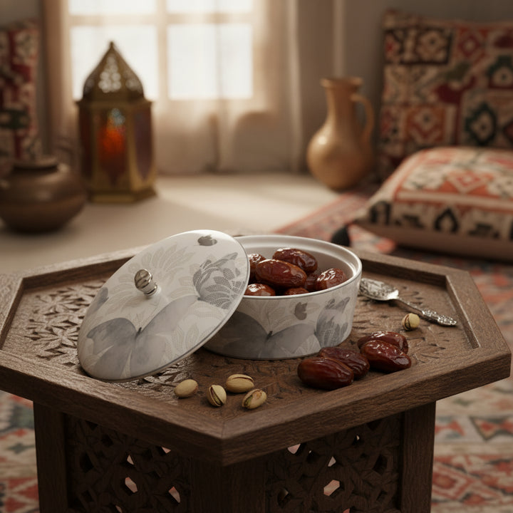 Decorative bowl with dates on a wooden tray in a warm, homey setting.