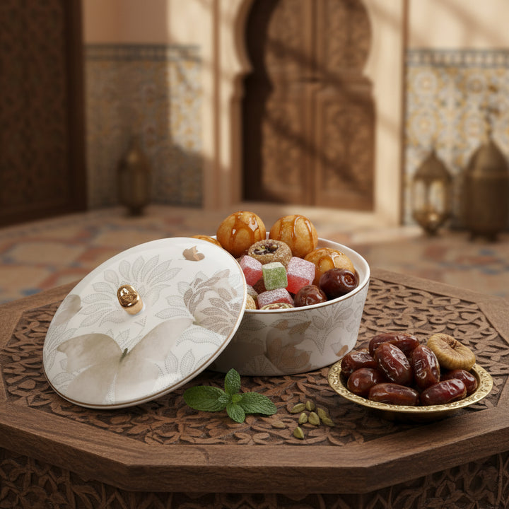 Decorative bowl with dried fruits and candies on a wooden table with a decorative background.