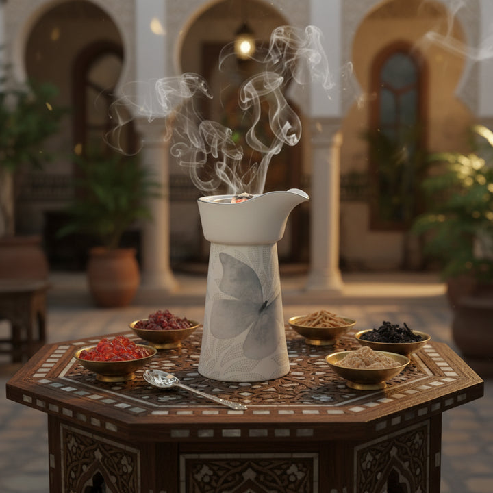 Decorative table with a smoking incense burner and various items in a warm, indoor setting.