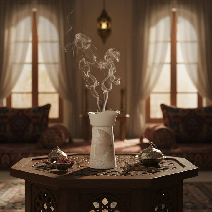 Incense burner with smoke in a room with curtains and cushions