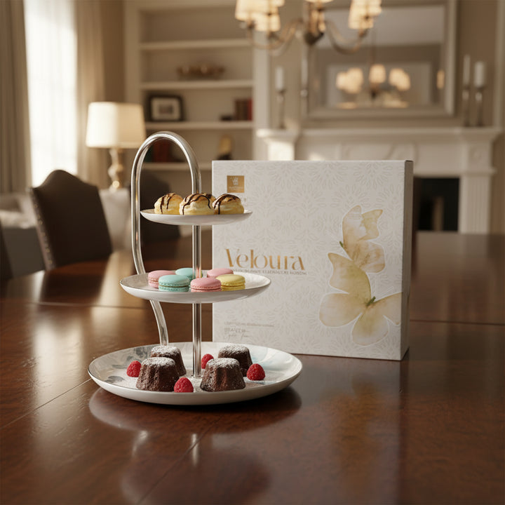Three-tiered dessert stand with pastries in front of a Veloura box on a wooden table.