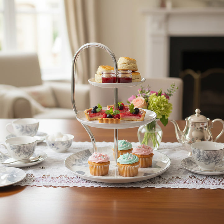 Three-tiered cake stand with pastries on a table in a cozy room.