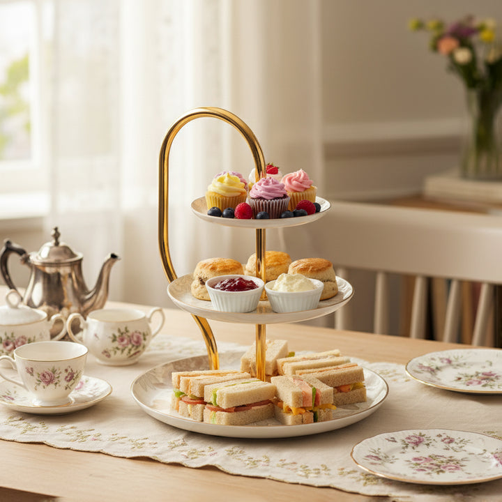 Three-tiered cake stand with tea sandwiches, pastries, and teacups on a table.