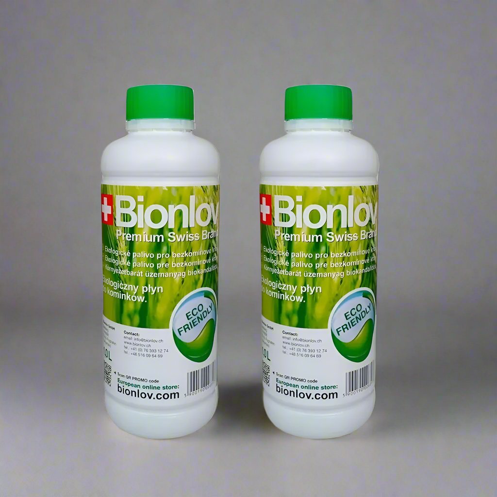 The image shows two identical bottles of "Bionlov Premium Swiss Brand" eco-friendly fuel placed side by side on a clean white background. The green-capped bottles feature a green label with text emphasizing its environmentally friendly attributes and premium quality. Both bottles are displayed closely together, highlighting the product's branding and eco-conscious appeal