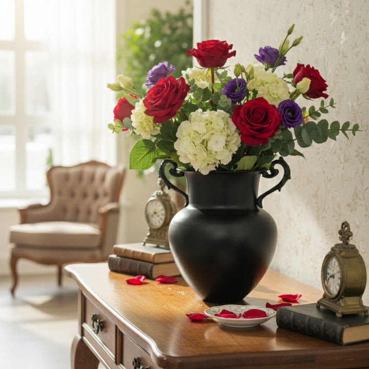 Decorative vase with colorful flowers on a wooden table in a room with a chair and clock.