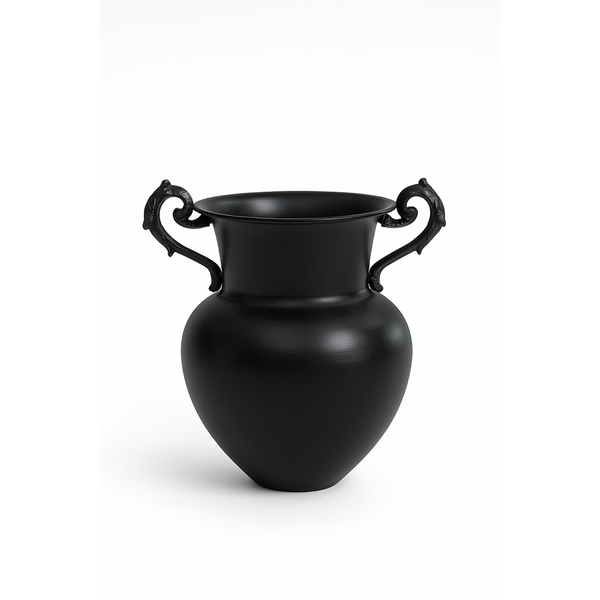 Black vase with decorative handles on a white background