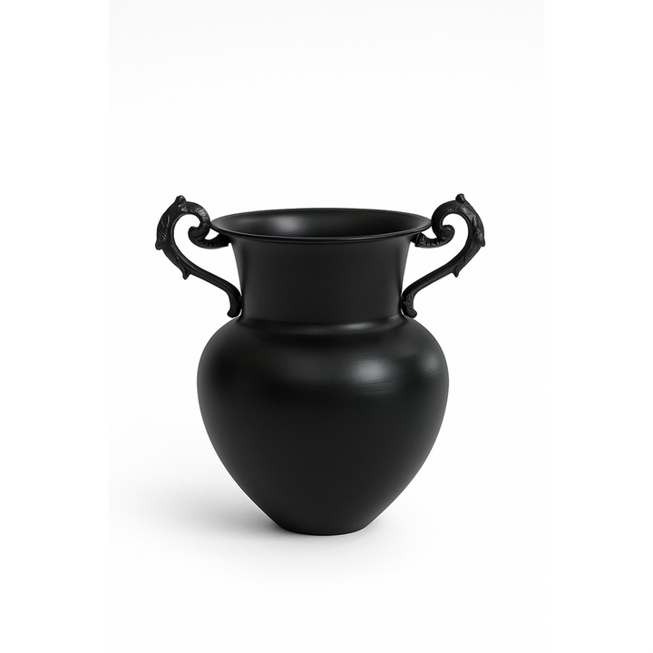 Black vase with decorative handles on a white background