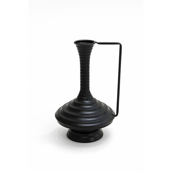 Black vase with twisted design on a white background