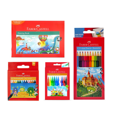 Faber-Castell A4 Drawing & Colouring Set with 12 Coloured Pencils 12 Fibre-Tip Pens and 12 Wax Crayons Siddiq Gifts