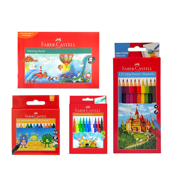 Faber-Castell A4 Drawing & Colouring Set with 12 Coloured Pencils 12 Fibre-Tip Pens and 12 Wax Crayons Siddiq Gifts