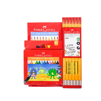 Faber-Castell School Art & Writing Set 12 Graphite Pencils 12 Coloured Pencils and 12 Wax Crayons by Siddiq Gifts