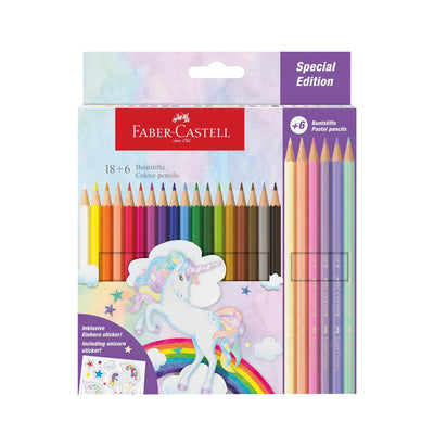 Faber-Castell Unicorn Special Edition Coloured Pencils 18 Classic and 6 Pastel Colours with Stickers by Siddiq Gifts