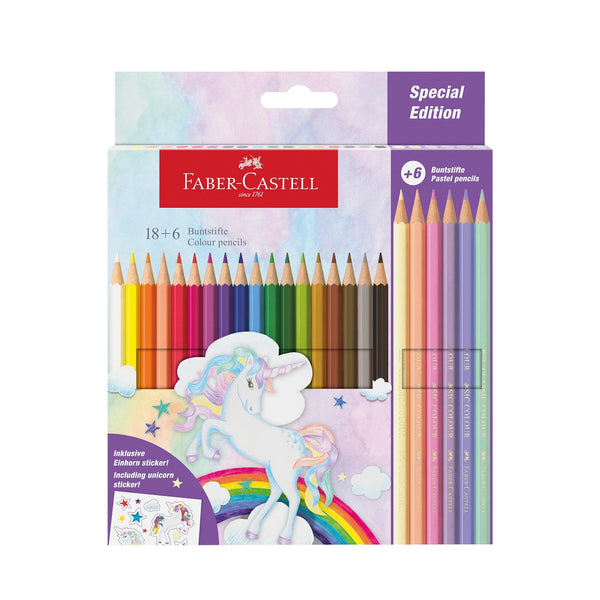 Faber-Castell Unicorn Special Edition Coloured Pencils 18 Classic and 6 Pastel Colours with Stickers by Siddiq Gifts