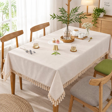 Fabrix Fringed Rectangular Tablecloth, 135 × 180 cm, in Beige for Dining Tables, Everyday Use, and Home Décor at Siddiq Gifts.