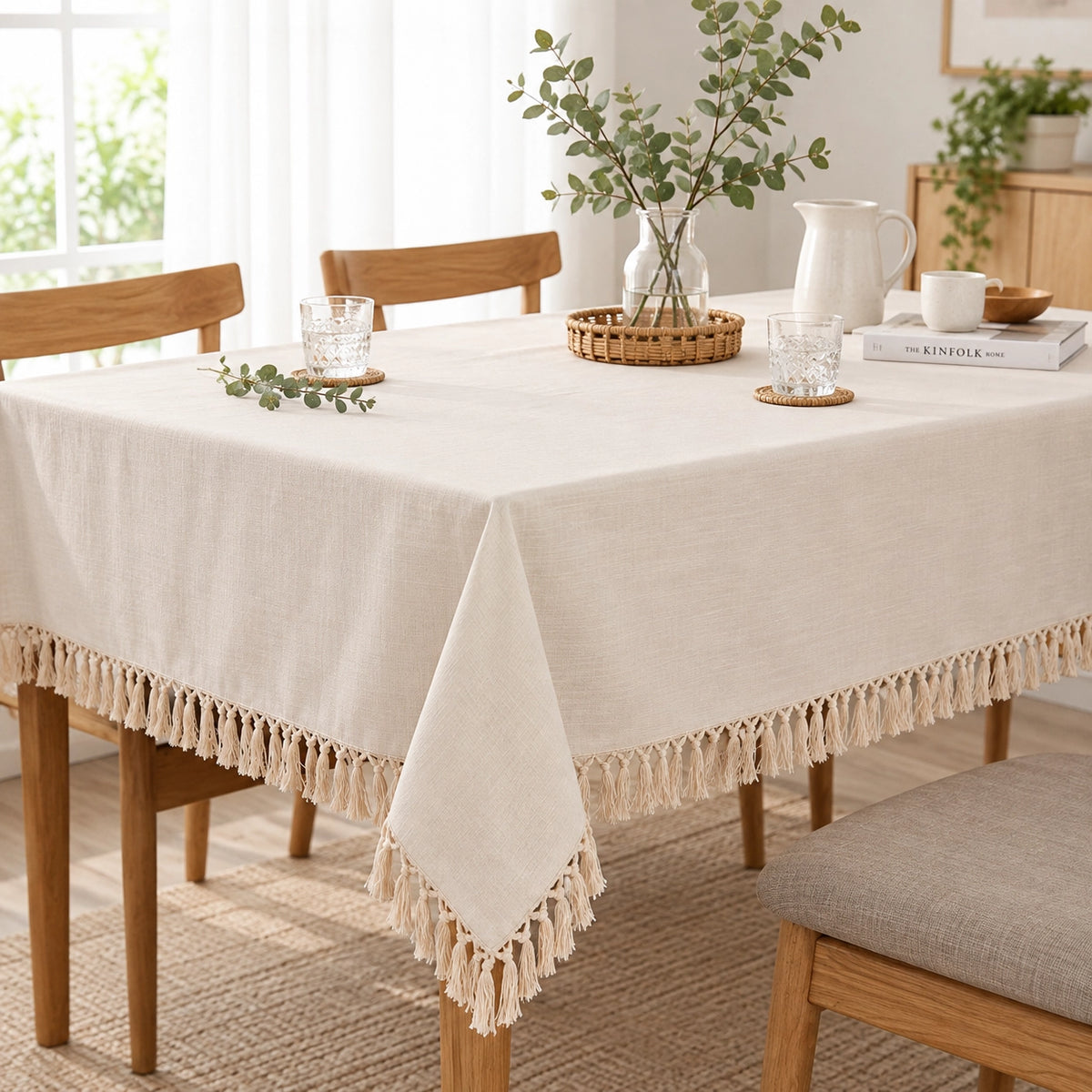 Fabrix Fringed Rectangular Tablecloth, 135 × 180 cm, in Beige for Dining Tables, Everyday Use, and Home Décor at Siddiq Gifts.