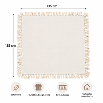 Fabrix Fringed Square Table Cloth, 135 × 135 cm, in Beige for Dining Tables, Coffee Tables, Everyday Use, and Home Décor at Siddiq Gifts.