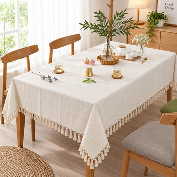 Fabrix Fringed Square Tablecloth, 135 × 135 cm, in Cream for Dining Tables, Coffee Tables, Everyday Use, and Home Décor at Siddiq Gifts.