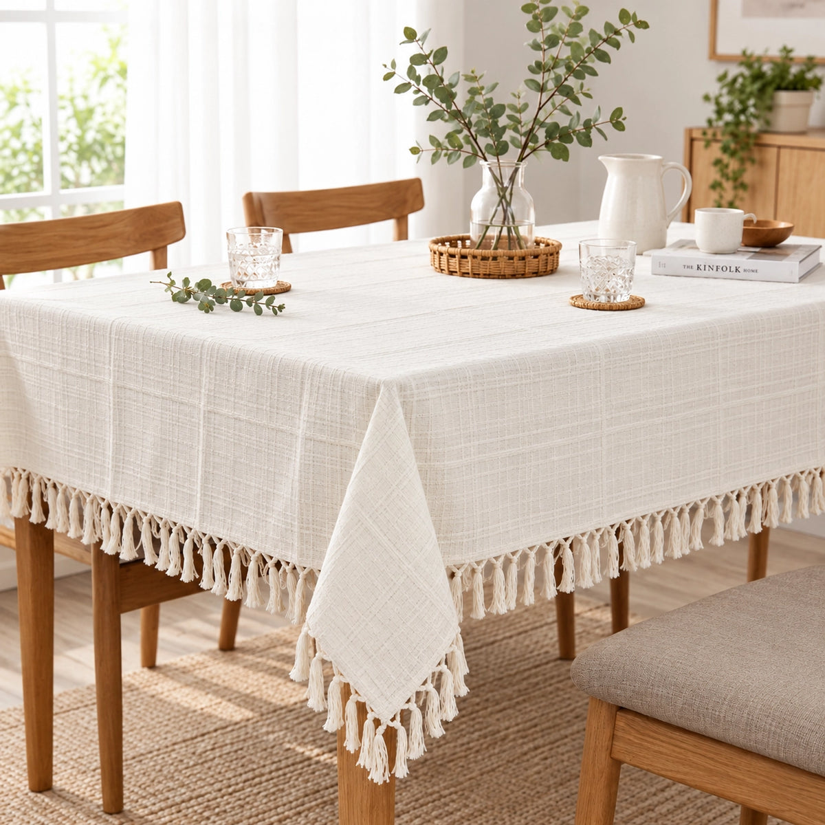 Fabrix Fringed Square Tablecloth, 135 × 135 cm, in Cream for Dining Tables, Coffee Tables, Everyday Use, and Home Décor at Siddiq Gifts.