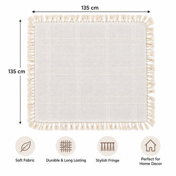 Fabrix Fringed Square Tablecloth, 135 × 135 cm, in Cream for Dining Tables, Coffee Tables, Everyday Use, and Home Décor at Siddiq Gifts.
