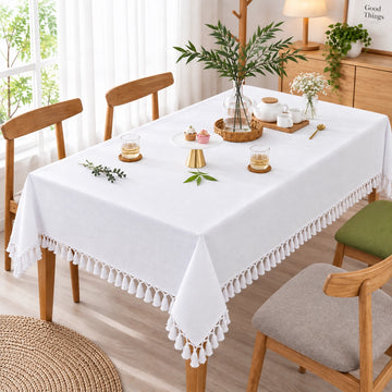 Fabrix Fringed Square Tablecloth, 135 × 135 cm, in White for Dining Tables, Coffee Tables, Everyday Use, and Home Décor at Siddiq Gifts.