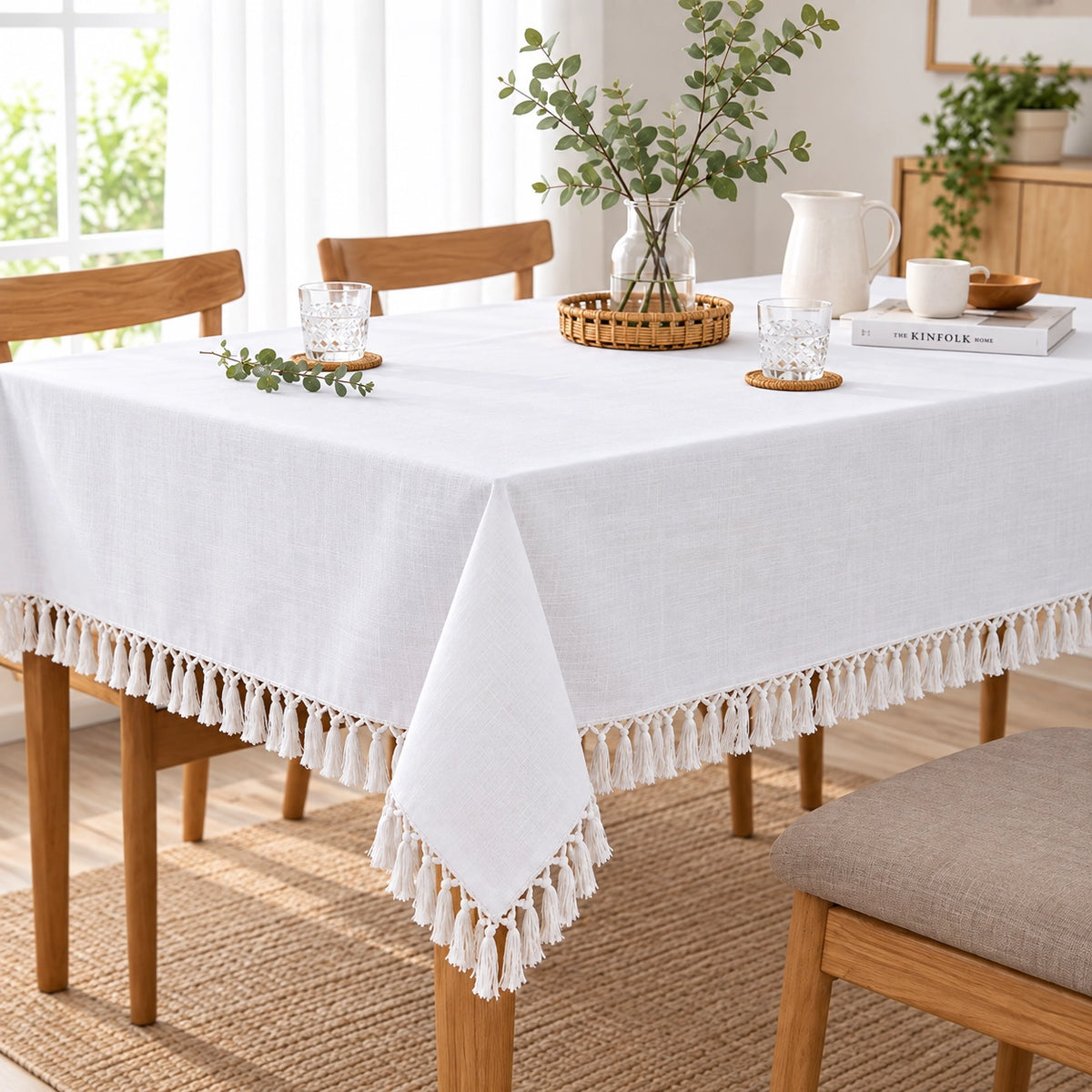 Fabrix Fringed Square Tablecloth, 135 × 135 cm, in White for Dining Tables, Coffee Tables, Everyday Use, and Home Décor at Siddiq Gifts.