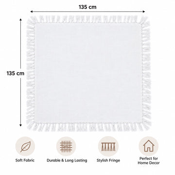 Fabrix Fringed Square Tablecloth, 135 × 135 cm, in White for Dining Tables, Coffee Tables, Everyday Use, and Home Décor at Siddiq Gifts.