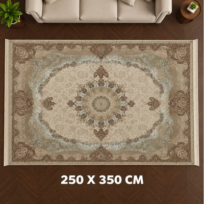 Fayrouz Nazgol Polyester Carpet, 250 × 350 cm, in Beige with a Classic Medallion Design at Siddiq Gifts.