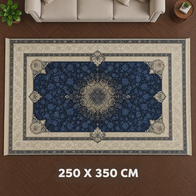 Fayrouz Shima Polyester Carpet, 250 × 350 cm, in Dark Blue with a Classic Floral Medallion Design at Siddiq Gifts.