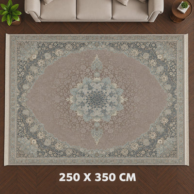 Fayrouz SV016 Polyester Carpet, 250 × 350 cm, in Grey with a Classic Medallion Design at Siddiq Gifts.