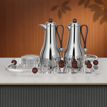 FBA824-21-C-DW Tea & Coffee Set – 21 Pieces – Silver with Dark Wood Accents | Siddiq Gifts – Mussafah Abu Dhabi