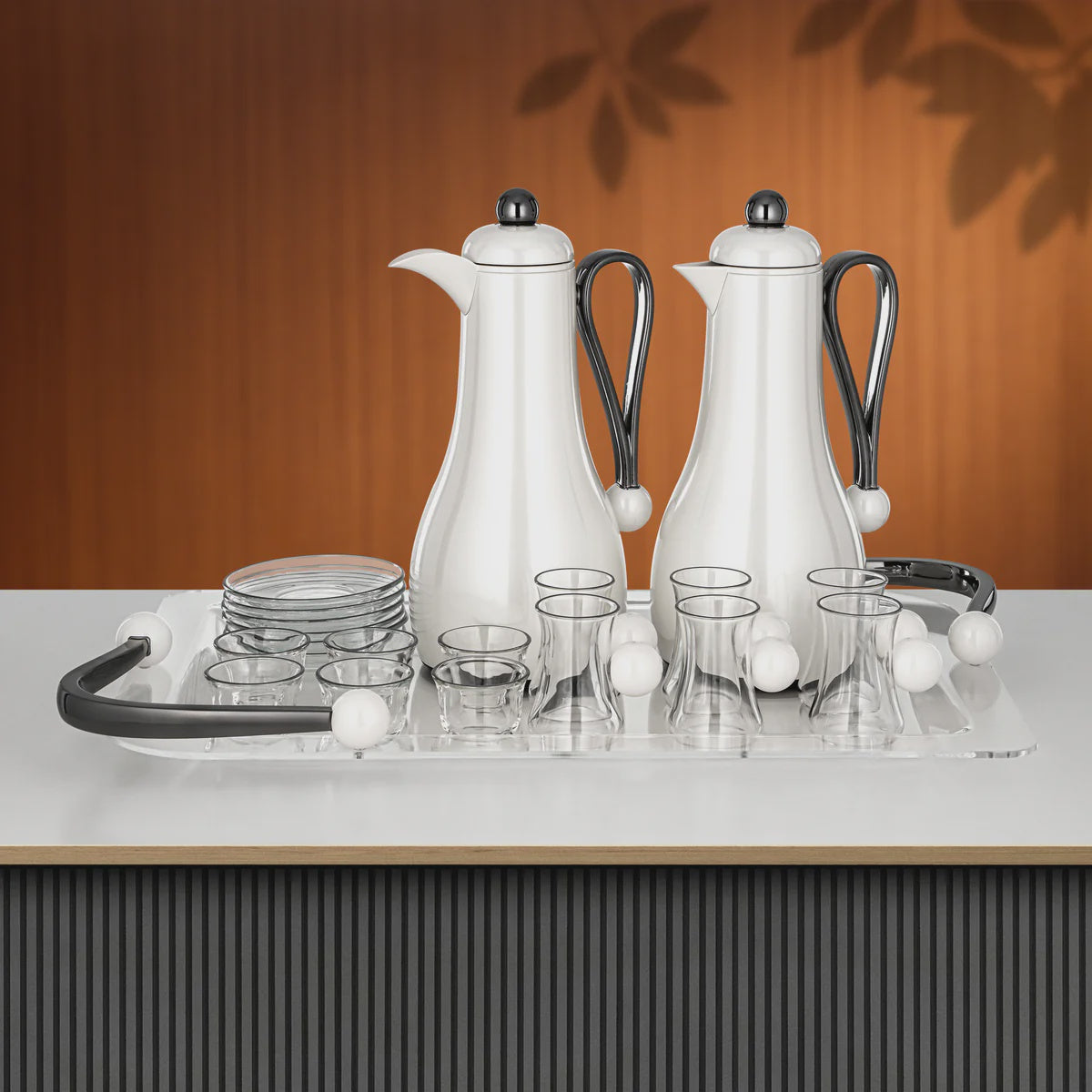 FBA824-21-PW-GBL Tea & Coffee Set – 21 Pieces – Pearl White with Gun Black Accents | Siddiq Gifts – Mussafah Abu Dhabi