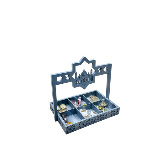 2421 Wooden Snack Tray With Minaret  Handle, Ramadan Decor