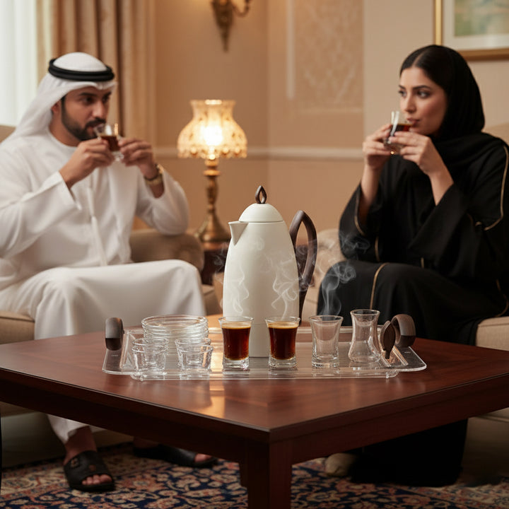 Two people in traditional attire sitting at a table with coffee cups and a teapot.