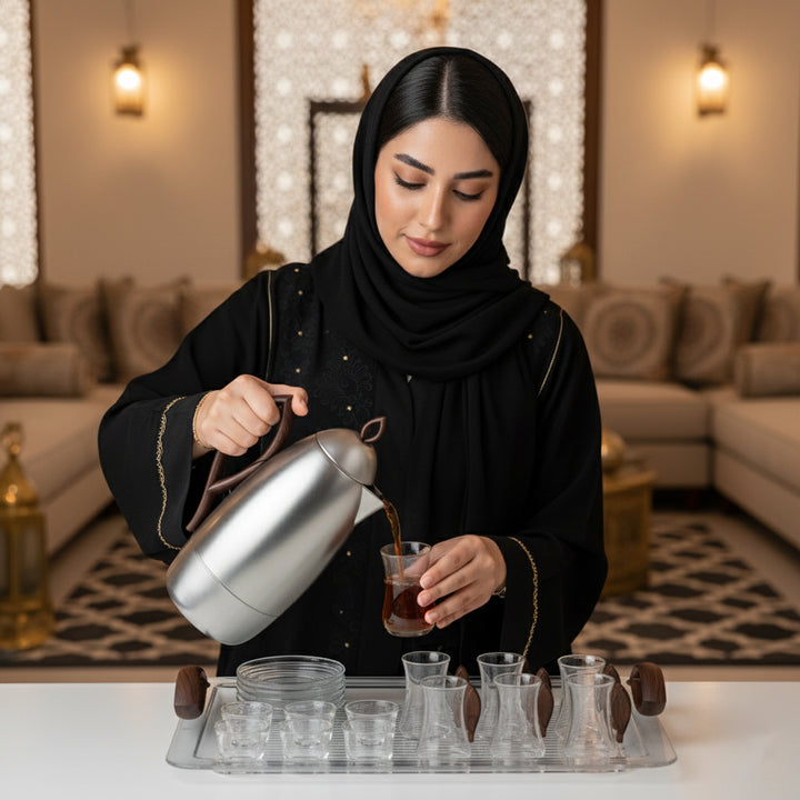 Woman in a black hijab pouring tea from a silver pot into small cups on a tray in a decorated room.